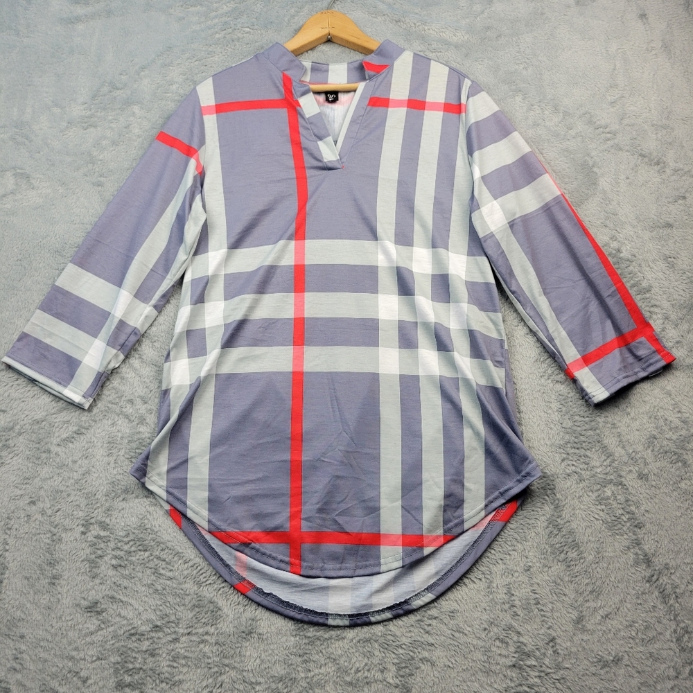 St. Jubileens Womens Blouse Size Medium Plaid Roll Tab Sleeve V-Neck